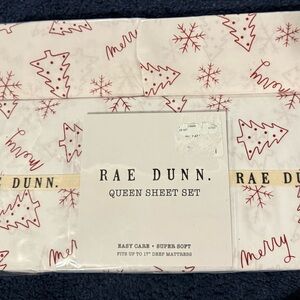 Rae Dunn Queen Sheet Set with Red and White Merry Trees Design